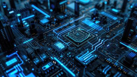 Abstract 3D-rendered blue circuit design, showcasing detailed chip elements and advanced technology conceptsの素材
