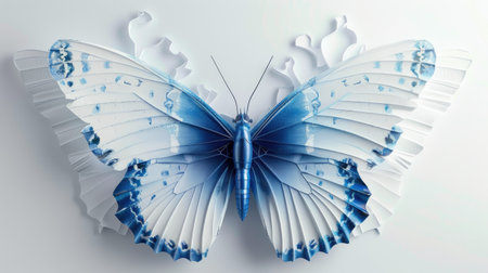 Beautiful blue and white 3D butterfly on a clean, minimalist poster background, highlighting its intricate wing details.の素材