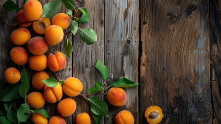 Juicy apricot fruits arranged in a visually appealing manner on a wooden backdrop, offering a glimpse of nature's bountiful harvestの素材
