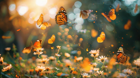 A garden filled with butterflies, illustrating the concepts of freedom, metamorphosis, and mental health resilience.の素材