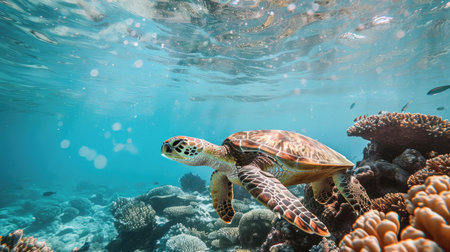 A sea turtle glides effortlessly through azure waters, with a stunning coral reef in the backgroundの素材