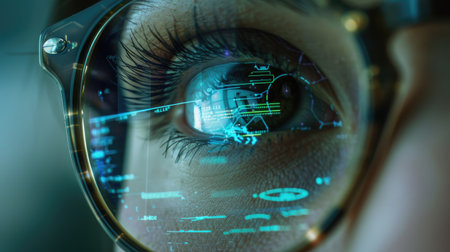 The eye of a programmer wearing glasses reflects intricate lines of code, depicting AI assistance at work.の素材
