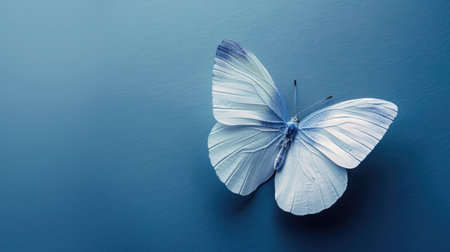 A blue and white 3D butterfly elegantly floating on a poster background, featuring soft gradients and subtle texturesの素材