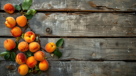 Sun-kissed apricot fruits arranged with care on a natural wooden background, inviting admiration for their lusciousness and natural allure.の素材