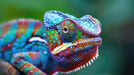 Close-up of a colorful chameleon, showcasing its vibrant hues and intricate patterns. Tropical wildlife animal demonstrating its color-changing abilities.の素材