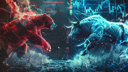 Intense fight between a bear in red guards and a bull in blue guards with a business stock graph in the backdrop.の素材