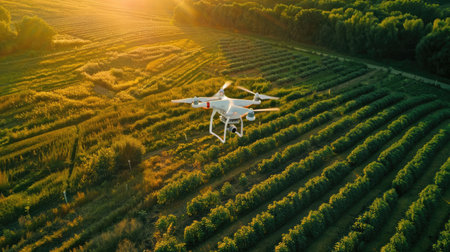 Drones revolutionize farming: aerial image showcases drones flying over agricultural fields, signaling a shift towards precision agriculture and increased yieldsの素材