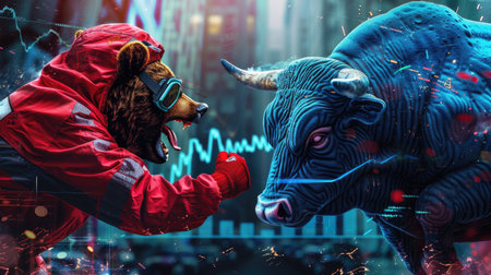 Bear wearing red protective gear fighting a bull in blue gear, with a stock market graph in the background.の素材