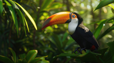 Majestic Toco Toucan (Ramphastos toco) with its vivid beak, set against the rich greenery of the Amazon rainforest.の素材