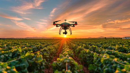 Agriculture embraces new technology: drones hover over crops, illustrating the modern approach to monitoring and managing agricultural landscapesの素材