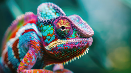 Magnificent close-up of a colorful chameleon, highlighting the beauty of this tropical animal's ability to change colorsの素材