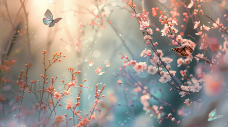 A serene and abstract nature scene with spring flowers and butterflies, blending soft colors and shapes.の素材