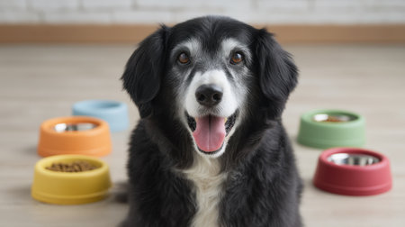 A joyful senior dog sits comfortably indoors surrounded by colorful food bowls, radiating happiness and warmth in a cozy home setting, embodying companionable spirit.の素材
