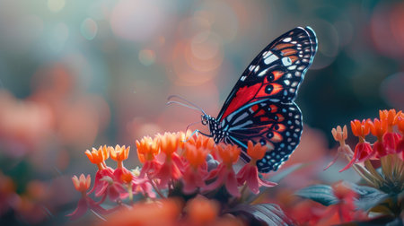 Close-up of a butterfly on a colorful bloom, highlighting the intricate details of its wingsの素材