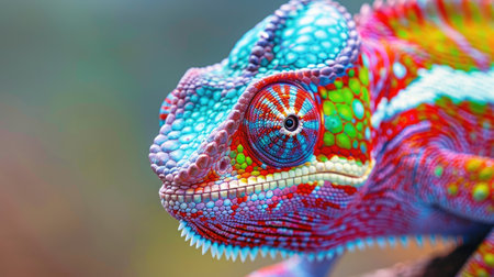 Close-up of a tropical chameleon, its skin awash with vibrant colors. A perfect example of nature's artistry in color change.の素材