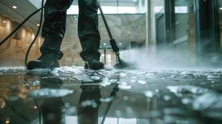 High-pressure water sprayer in action: Man efficiently cleans floors, showcasing the power of modern cleaning technologyの素材