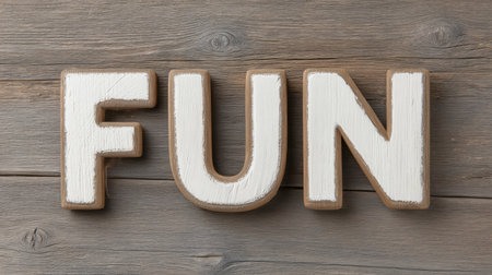 This image features the word "FUN" crafted from wooden letters, presented on a rustic wood surface. It evokes joyful emotions and positive vibes. Perfect for decoration themes.の素材