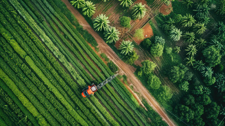 Aerial view of a farm with smart irrigation systems and automated machinery, showcasing Agriculture 4.0 technologyの素材