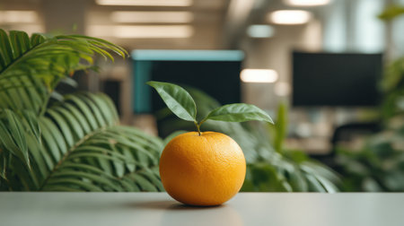 A vibrant orange with green leaves is elegantly placed on a modern office desk, surrounded by lush plants and blurred computer screens, creating a fresh and inspiring workspace.の素材