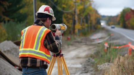 A surveyor uses theodolite equipment for precise measurements at a construction site, ensuring accuracy in outdoor surveying workの素材