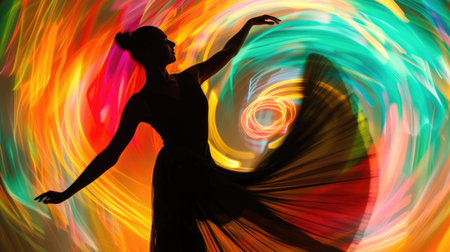 Experience the magic of motion with a dancer's silhouette against a dynamic, abstract backgroundの素材