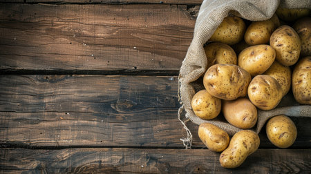 Wholesome potatoes spilling out of a worn sack onto a textured wooden background, with free space available for adding your personalized message.の素材