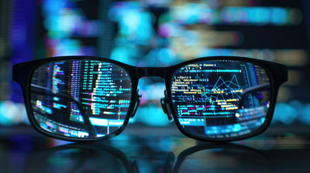Glasses reflecting a digital screen filled with code, with a programmer's eye showcasing AI aid in the officeの素材