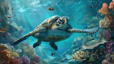 A peaceful sea turtle swims amidst a beautiful background of coral reefs and crystal-clear waters.の素材
