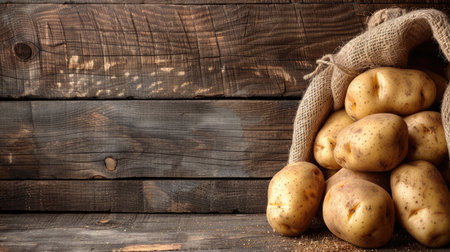 Freshly harvested potatoes displayed in a traditional burlap sack on a rustic wooden background, creating a picturesque scene for communicating your message.の素材