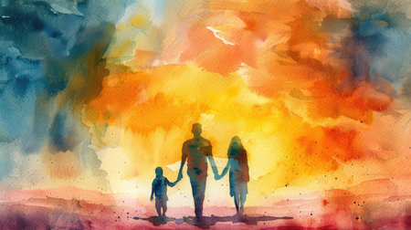 Togetherness: Abstract watercolor illustration of a family silhouette walking away, capturing the essence of love and togethernessの素材