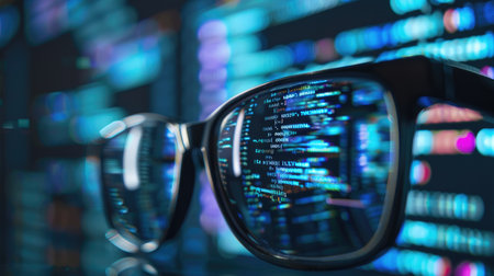 Glasses reflecting programming code with a focused eye, illustrating the integration of AI in office tasks.の素材