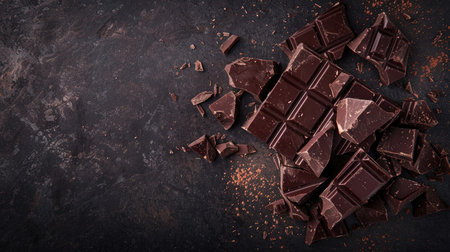 Artistic arrangement of dark chocolate pieces on a dark background, emphasizing their luxurious and sophisticated natureの素材