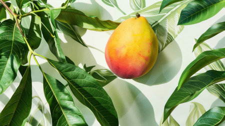 Mango defying gravity as it floats alongside lush green leaves against a white background, exuding a sense of tropical enchantmentの素材
