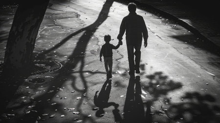 Father and son's shadows cast on the ground as they walk hand in hand, portraying a timeless connection.の素材