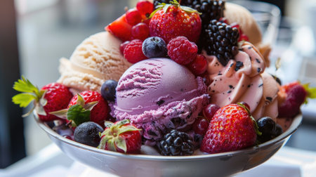 Treat yourself to a delectable pile of assorted ice creams topped with vibrant berries, a feast for both the eyes and palate.の素材