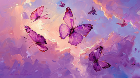 Pink and purple butterflies flutter gracefully against a serene sky backdrop in a captivating paintingの素材