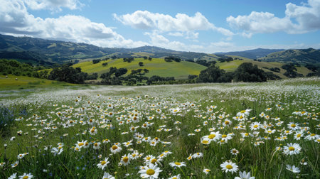 Rolling hills blanketed with white daisies, creating a picturesque and serene nature scene.の素材