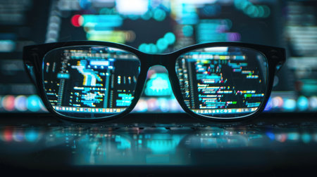 Glasses reflecting programming code with a focused eye, illustrating the integration of AI in office tasks.の素材
