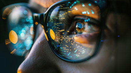 The eye of a programmer wearing glasses reflects intricate lines of code, depicting AI assistance at work.の素材