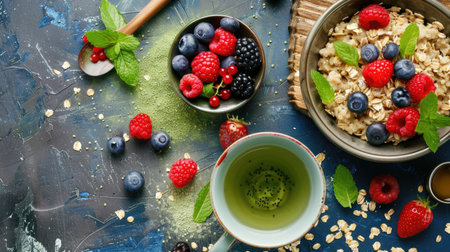 Healthy breakfast spread with oatmeal, mixed berries, and a side of green tea, promoting a balanced dietの素材