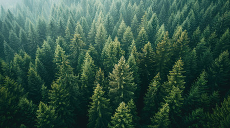 Aerial view of dense pine forest stretching to the horizon, providing ample space for text overlay.の素材