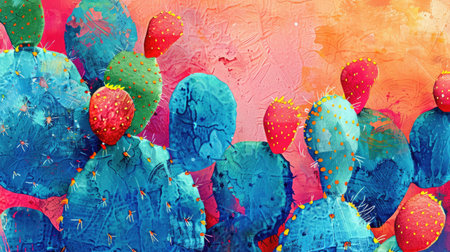 Colorful abstract cactus artwork as a background, offering a creative canvas for adding personalized textの素材