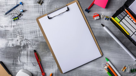 Blank paper sheet on a clipboard with office suppliesの素材