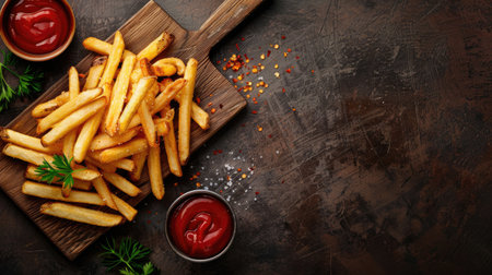 Delicious french fries served on a wooden board, offering a tasty snack for casual dining concepts.の素材
