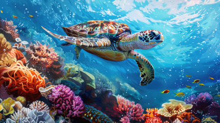 Capture the serene beauty of a sea turtle swimming amidst vibrant coral reefs and clear blue waters.の素材