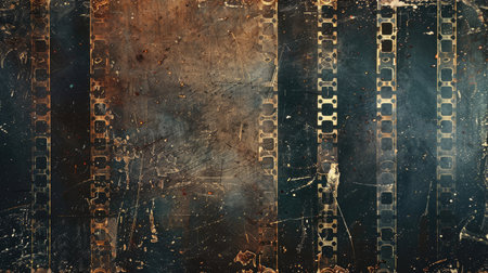 Retro filmstrip with aged and weathered edges, reminiscent of classic cinema and bygone erasの素材