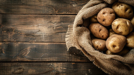 Close-up of raw potatoes nestled in a vintage burlap sack against a textured wooden backdrop, offering a charming setting for your custom messageの素材