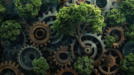 Dynamic gears in motion, culminating in the growth of a lush tree, merging industry with natureの素材