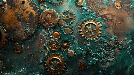 Steampunk themed composition highlighting aged metallic gears with a patina finish, creating a retro-futuristic atmosphereの素材