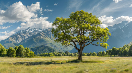 Iconic lone tree standing proudly in the heart of a lush meadow, with majestic mountains providing a stunning vista in the background.の素材